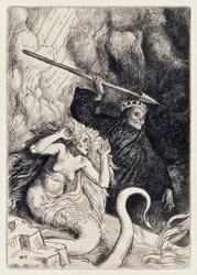 Grzech i śmierć u bram piekła z Raju utraconego Johna Miltona (1608-1674), seria 12 ilustracji wytrawionych przez Williama Stranga (1859-1921)